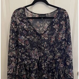 LANE BRYANT 26/28Sheer Navy Blue Floral Chiffon Asymmetrical Babydoll Tunic Boho